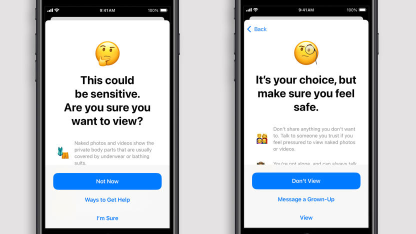 Two screens showing a new iPhone child safety feature.