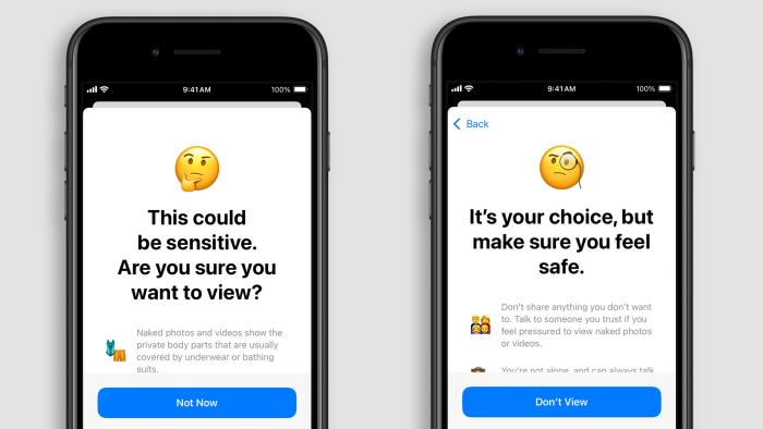 Two screens showing a new iPhone child safety feature.
