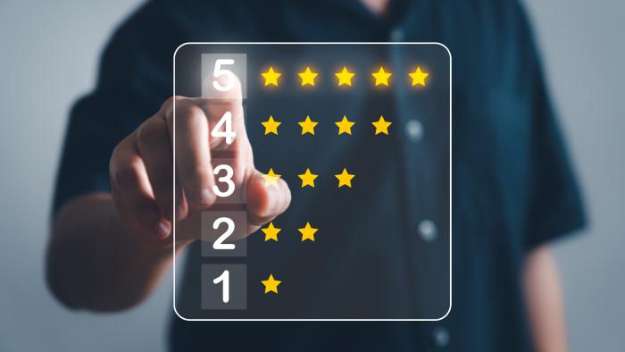 Customer service and Satisfaction concept ,Business people are touching the virtual screen on five star to give satisfaction in service. rating very impressed
