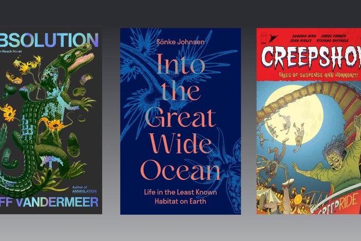 Book cover for Jeff VanderMeer's Absolution, Sonke Johnsen's Into the Great Wide Ocean, and Volume 3 Issue #2 of Creepshow.