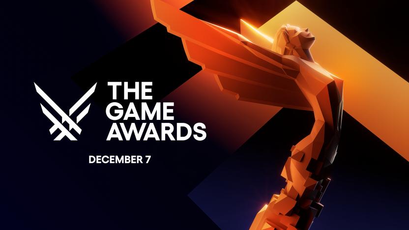 Promotional image for The Game Awards 2023. It includes the text "The Game Awards," with "December 7" below. A winged statue sits to the right with black and orange patterns as a background.