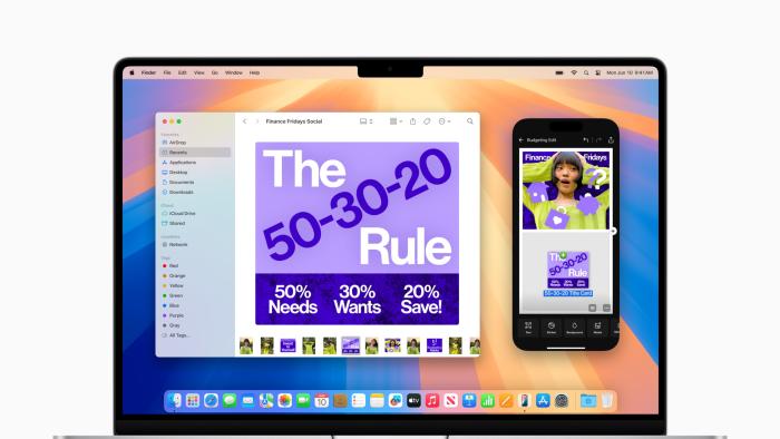 A Macbook showing macOS Sequoia, with a mirrored iPhone on the right of the screen and a window on the left.
