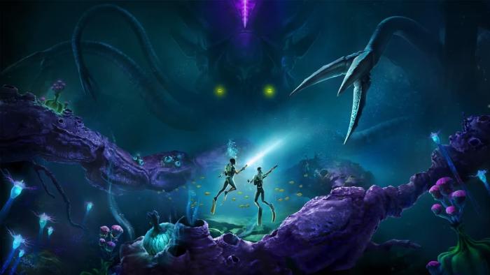 Two divers light up the depths with their torches. A giant creature is in the background, with an open tentacle primed to attack the divers.