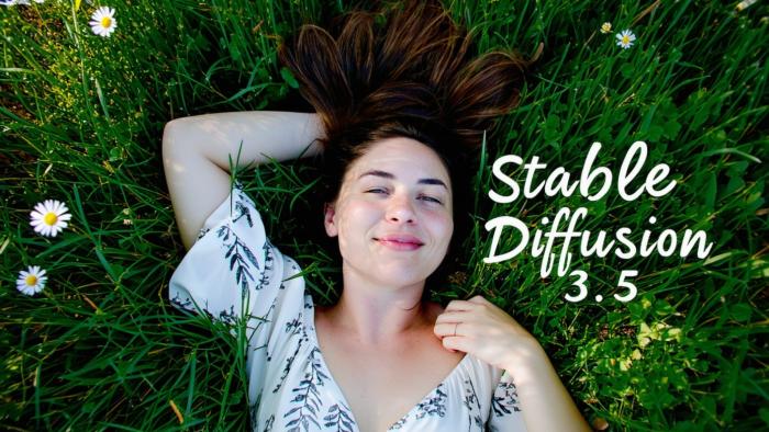 An AI-generated image of a woman lying in grass. The detailed prompt that produced it is listed underneath: “Prompt: ~*~aesthetic~*~ #boho #fashion, full-body 30-something woman laying on microfloral grass, candid pose, overlay reads Stable Diffusion 3.5, cheerful cursive typography font."